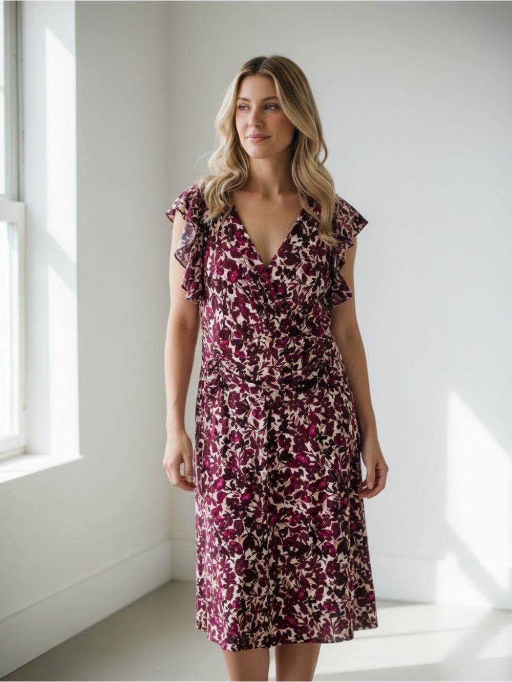 Jessica Howard Dress Draped V-Neck Dress in Maroon and Pink Floral Size 24W
